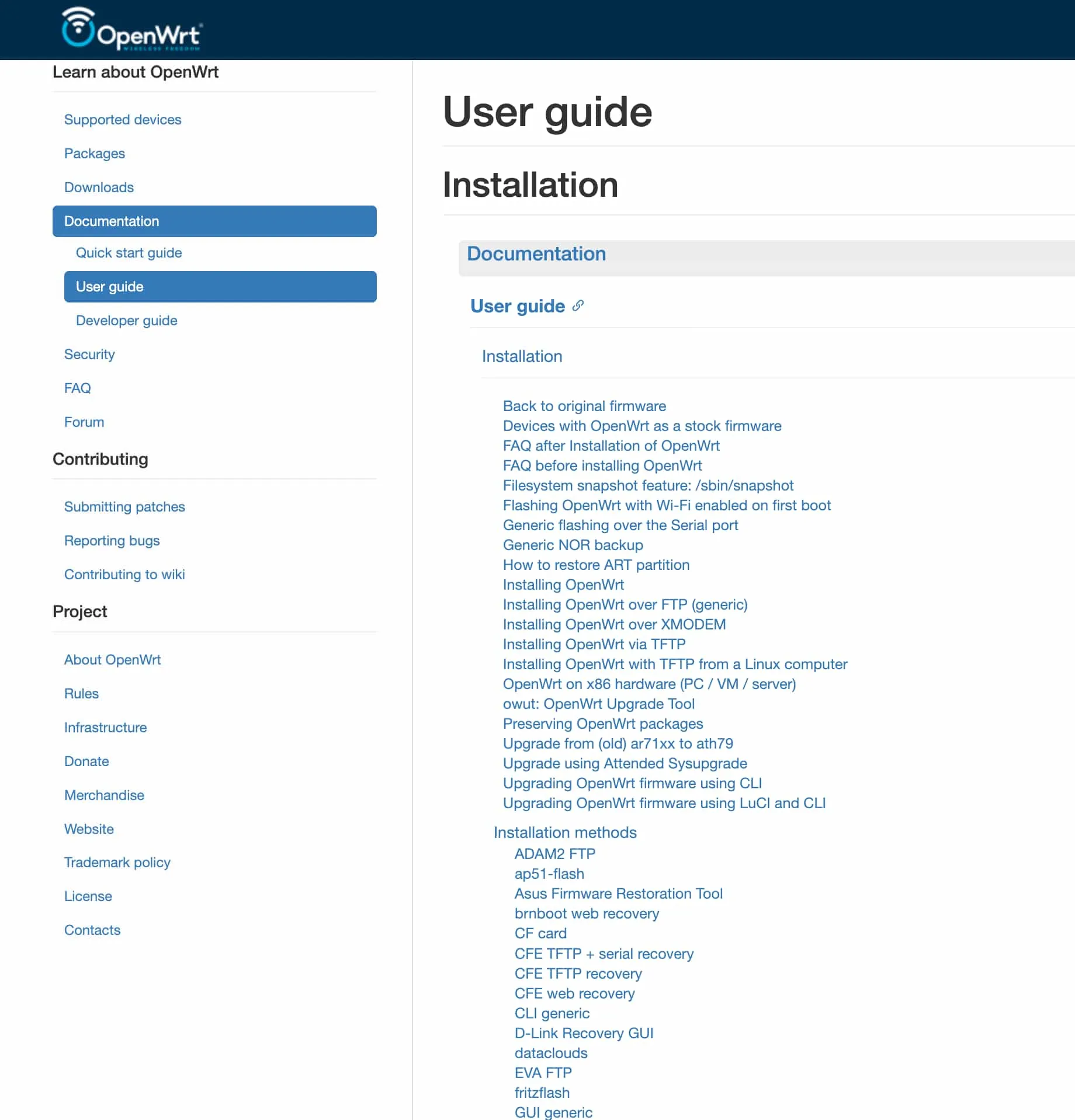 Table of contents of the user guide, first heading being "Back to original firmware", second heading "Devices with OpenWrt as stock firmware", and then over 30 more headings with confusing names